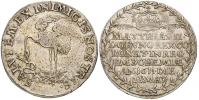 Žeton ke korunovaci na českého krále 23.5.1611 v Praze. Pod korunou nápisy končící 23 . MAY . / čáp polykající hada