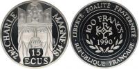 100 Francs=15 Ecus 1990 - Charle Magne        KM 989     Ag 900